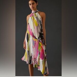 Anthropology  Asymmetrical silk halter tie  Midi Dress xsmall petite